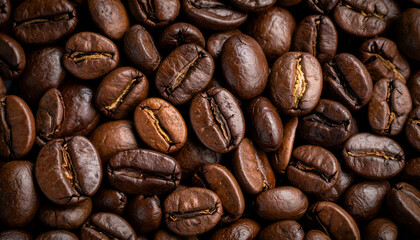 Obraz premium macro close-up of roasted coffee bean surface texture, dark brown aromatic coffee grain with oily sheen for cafe branding and premium food design 