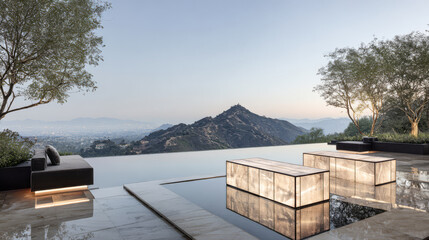 Captivating outdoor terrace with stunning mountain view at sunset