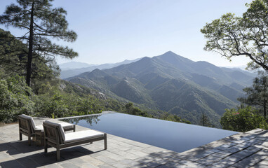 Mountain view with infinity pool and lounge chairs overlooking nature during daylight hours