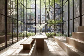 Modern indoor space featuring large windows and natural greenery in a city setting