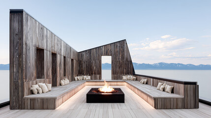 Modern lakefront seating area with fire pit and mountain view at sunset