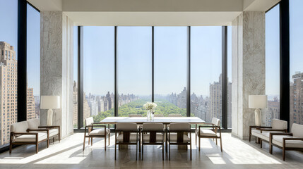 Modern interior space with panoramic views of a city park on a sunny day