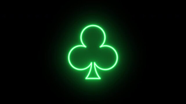 Neon club ace icon, flickering emergence and fading. Glowing neon poker club suit, looped animation. Casino playroom, poker game, clubs suit, gambling card, trefoil sign. Yellow green orange colors