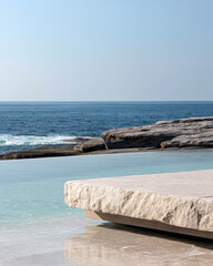 Beautiful coastal view with modern stone deck and calm ocean waters in clear weather