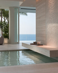 Modern indoor pool with stunning ocean view at a luxury residence in bright daylight