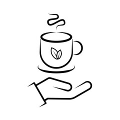 Hand Holding Hot Tea Cup Line Art Icon with Steam and Leaf. A minimalist black and white line art icon depicting a hand offering or holding a steaming hot beverage cup.