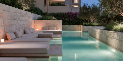 Tranquil evening at a modern outdoor poolside lounge with elegant seating