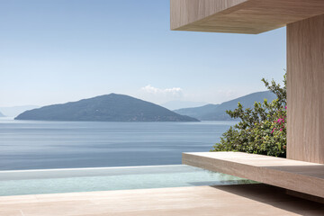 Stunning view from modern villa overlooking tranquil seascape at midday
