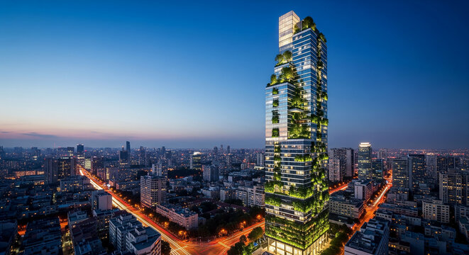 Modern city skyline with illuminated skyscraper at dusk