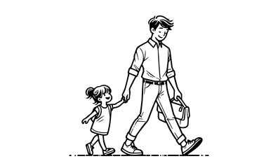 Dad and child walking, black and white illustration