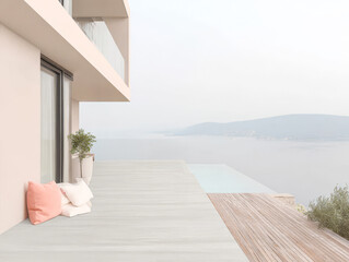 Modern villa terrace overlooking serene waters at dusk with cozy seating area