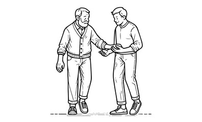 Dad and son walking, black and white illustration