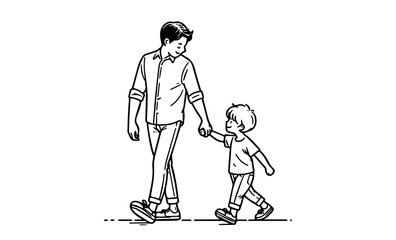 Dad and child walking, black and white illustration