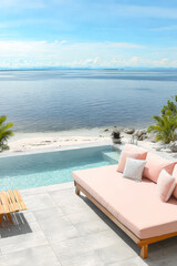 Relaxing seaside view from a luxurious poolside lounge in a tropical paradise