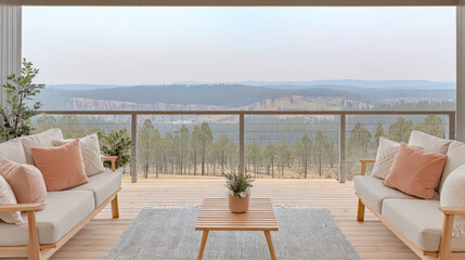 Cozy outdoor seating area with stunning mountain view in serene landscape during daytime