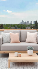 Modern outdoor living space with a city view and stylish decor on a clear day