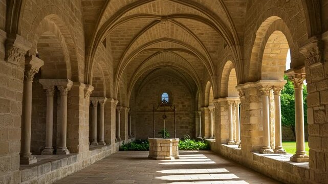 Serene monastery interior with stone arches and well