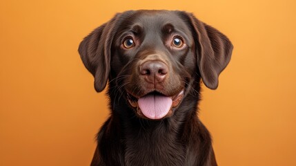 Fototapeta premium A charming brown Labrador retriever smiles, displaying a friendly, open expression, headshot.