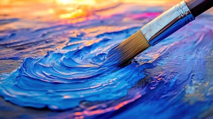 Fototapeta premium Paintbrush strokes of vibrant blue paint on canvas. Sunset light on the surface