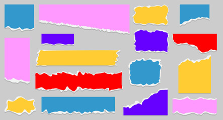 Abstract illustration featuring a variety of colorful torn paper notes in different shapes and sizes on a neutral gray background. Perfect for scrapbooking, web design, or creative graphic projects.