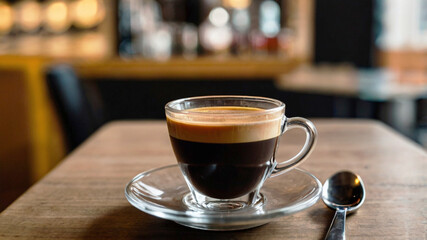 A cup of espresso on a wooden table with bokeh background