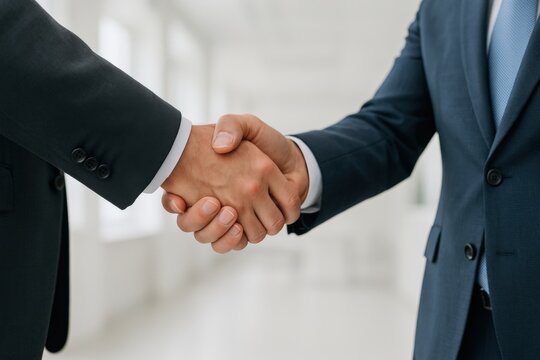 Agreement in hand: Two professionals clasp hands in a firm handshake, sealed a deal or partnership within a professional and bright environment, symbolizing collaboration and trust.