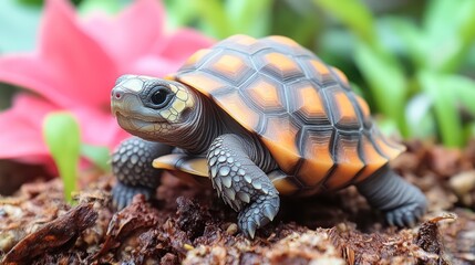 Obraz premium A juvenile tortoise rests in a garden bed, with vivid orange shell markings and a delicate