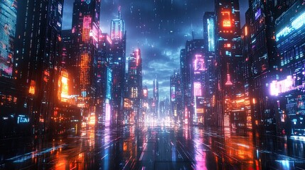 Obraz premium Cyberpunk glitch screen digital city map with futuristic neon lights, error textures, and tech-inspired 
