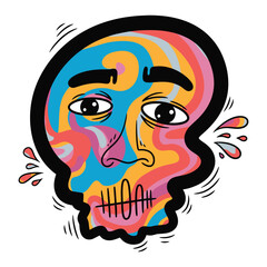 Artistic illustration of a skull with colorful, swirling patterns and expressive features.