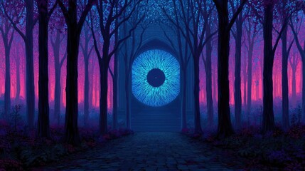 Safe haven asset opportunity and value trend concept. A surreal view of an eye in a mystical forest landscape.