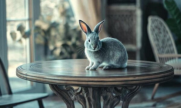 Cute rabbit explores cozy indoor space