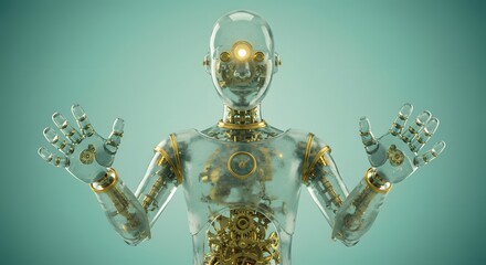 A futuristic humanoid robot made of transparent or golden glass