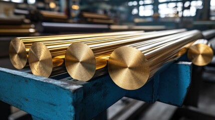 Polished brass rods on a metal tray in a factory