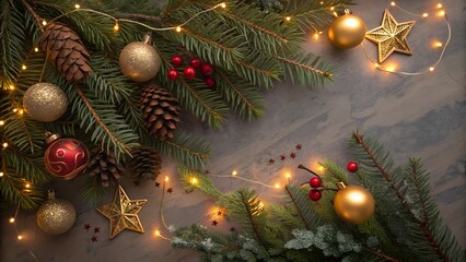 Festive christmas decor with pine branches ornaments and lights
