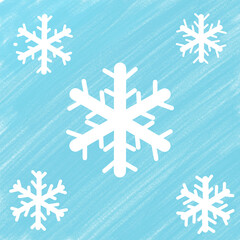 Delicate white snowflakes of various sizes fall against a soft light blue background, evoking a peaceful winter ambiance and a sense of tranquility.