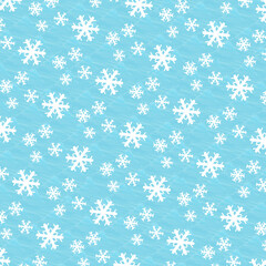 Delicate white snowflakes of various sizes fall against a soft light blue background, evoking a peaceful winter ambiance and a sense of tranquility.