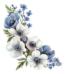 Elegant corner arrangement of white and blue flowers