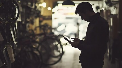 young male owner uses a tablet while squatting in a bike shop