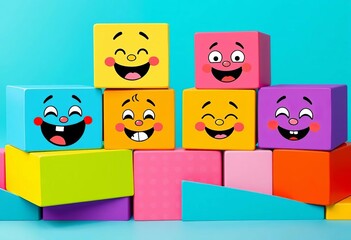 Fototapeta premium Whimsical cartoon faces with playful expressions on vibrant geometric blocks, humorous, fun