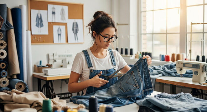 Fashion designer sewing denim garment in creative studio