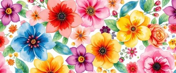 Vibrant watercolor floral pattern, abstract blooms & leaves, rustic vintage Provence style, print, colorful