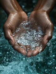 Fototapeta premium Close-up of hands holding clean water, showcasing the importance of clean resources in daily life