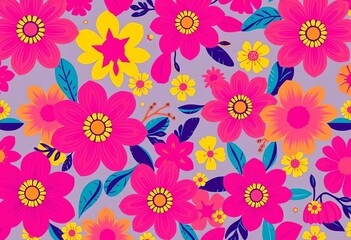Vibrant pink & yellow boho floral pattern Flat color style, print, art
