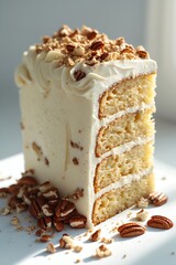 Delicious Cake Slice with Creamy Frosting and Pecans for Dessert
