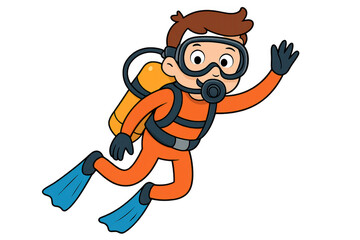 Fototapeta premium Cheerful cartoon diver swimming underwater, waving hand, illustrating marine adventure for kids' educational content and playful graphic design