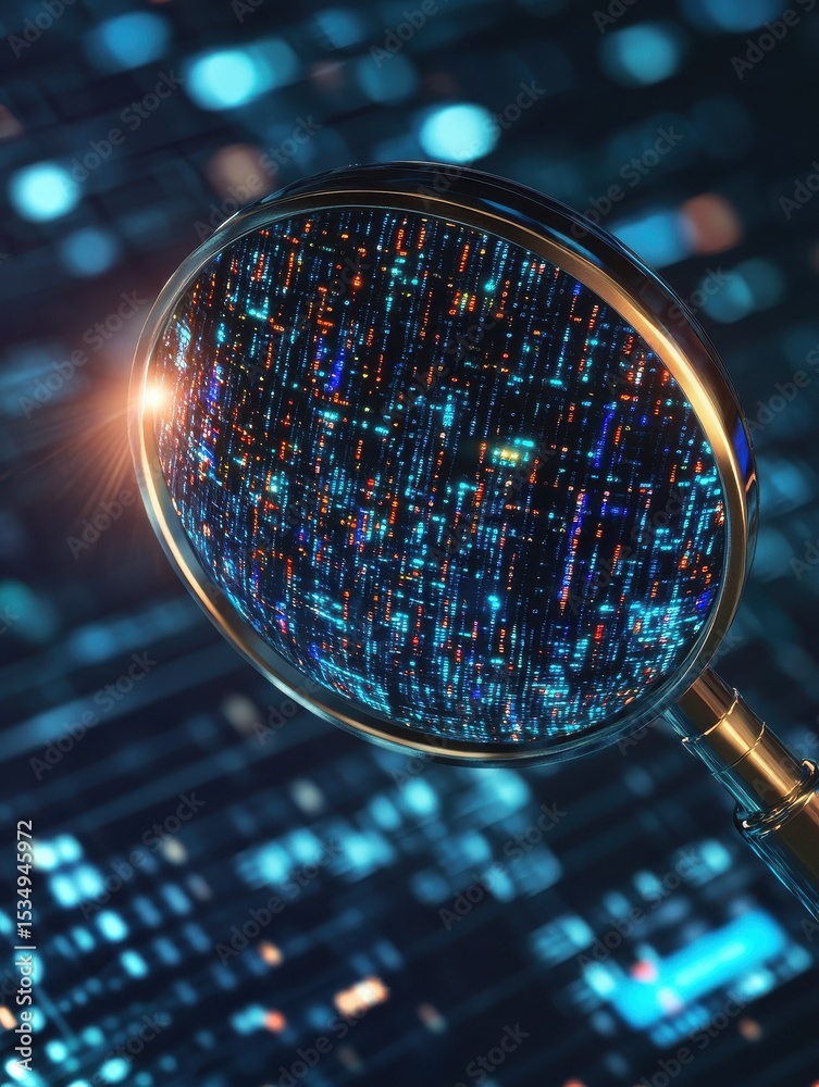 Poster magnifying glass exploring abstract digital data stream: cybersecurity and software development conc