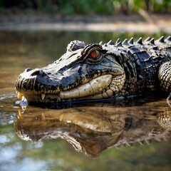 Obraz premium A caiman basking on a muddy riverbank, its textured skin and sharp teeth clearly visible. Reflection in the still water. 