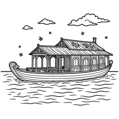 Dal Lake Kashmir with Shikara and Houseboat Vector Illustration

