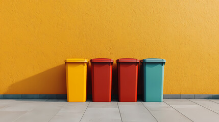 Four colorful recycling bins (yellow, red, red, blue) lined up against a yellow textured wall on a tiled floor.