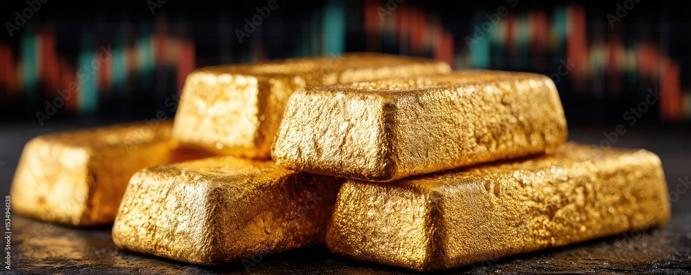 Poster gold market trend with forecast and portfolio value concept. close-up view of gold bars on a table w